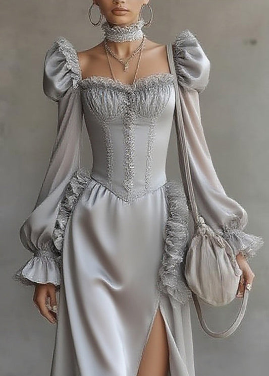 Fine Grey Ruffled Patchwork Chiffon Long Dresses Lantern Sleeve