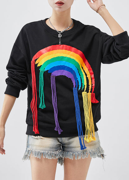 Diy Black Tasseled Rainbow Cotton Sweatshirt Tops Spring