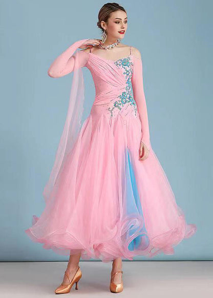 Fitted Pink Embroideried Ruffled Tulle Patchwork Dance Dress Long Sleeve