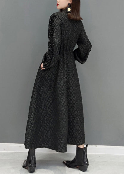 Black Ruffled Jacquard Patchwork Cotton Long Dress Fall