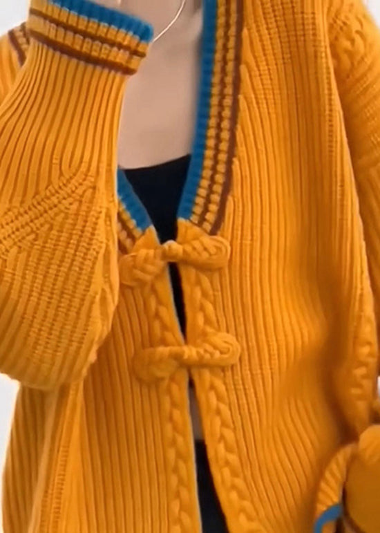 Orange V Neck Oriental Button Knit Cardigan Spring