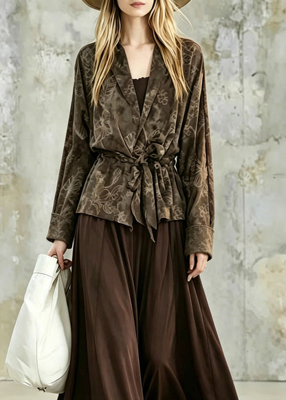 Print Tie Waist Shirt and Maxi Skirts Two Pieces Set Fall