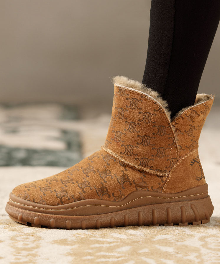 Brown Boots Thick Warm Fleece Cowhide Leather Ankle Boots