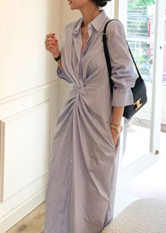 Organic Blue Asymmetrical Striped Cotton Shirts Dress Spring
