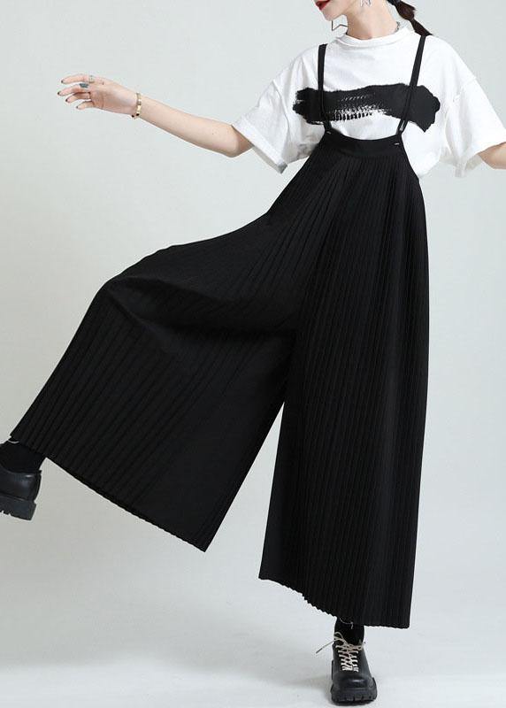 Black High Waist Wrinkled Wide Leg Summer Jumpsuit
