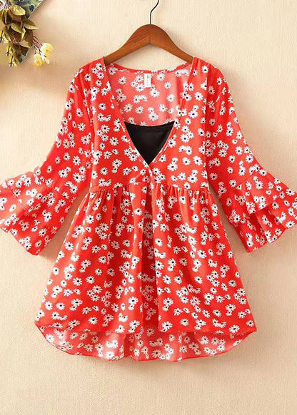 Unique Red V Neck Chiffon Shirt Tops Flare Sleeve
