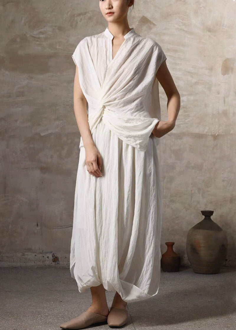 Beige Wrinkled Pockets Linen Two Pieces Set Summer