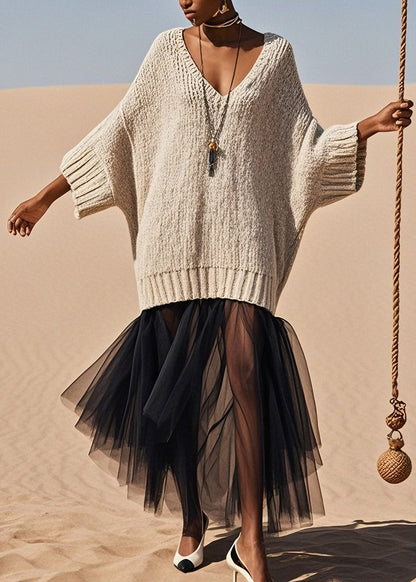 V Neck Tulle Patchwork Knit Sweater Dress Spring