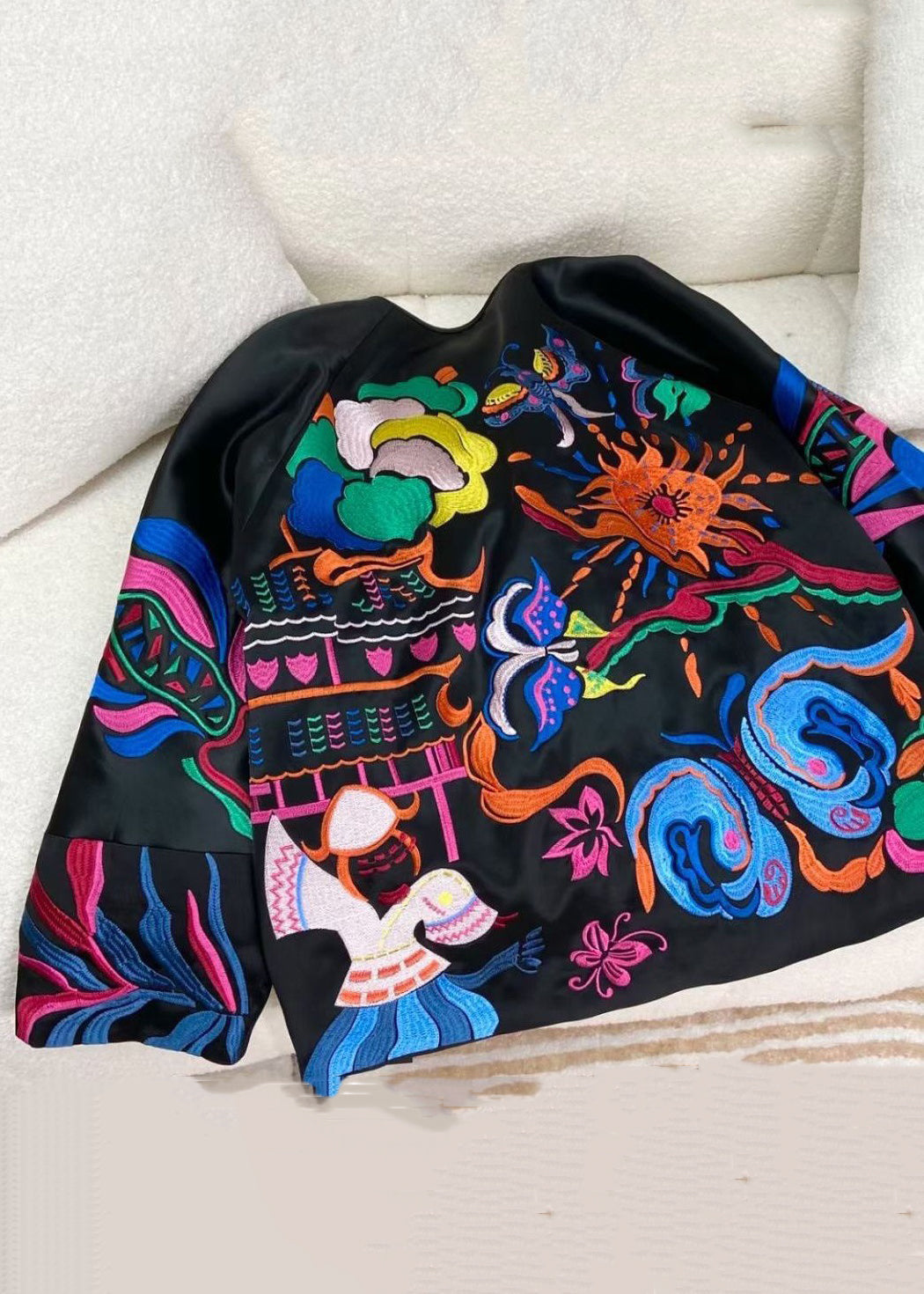 Chinese Style Black Print Button Silk Coats Spring