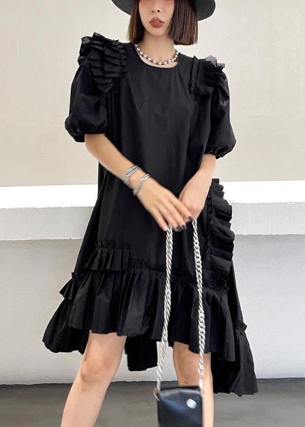 Black Puff Sleeve Asymmetrical Design Ankle Dress Summer