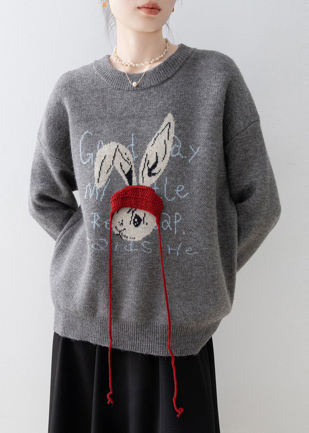 Grey Oversized Rabbit Jacquard Knit Pullover Winter