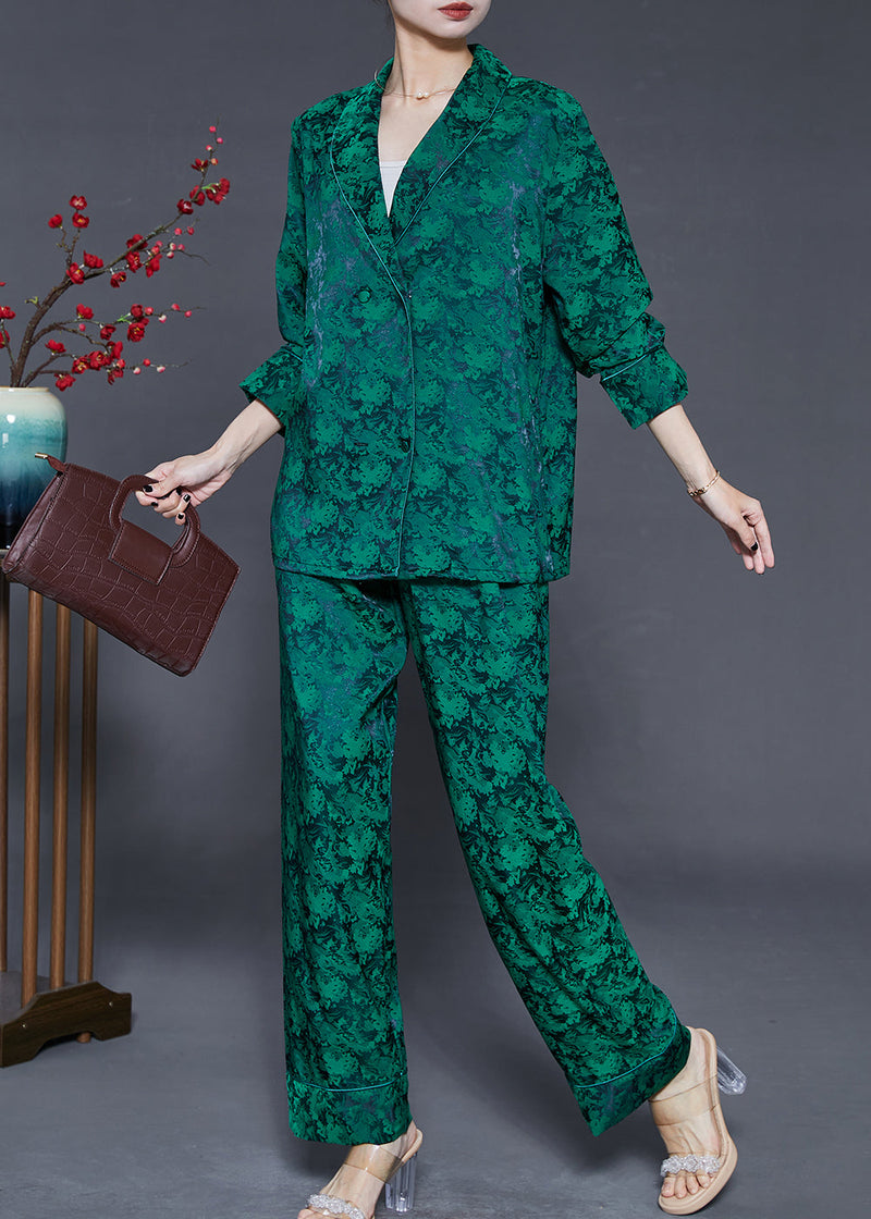 Art Blackish Green Oversized Print Silk Two Pieces Set Fall
