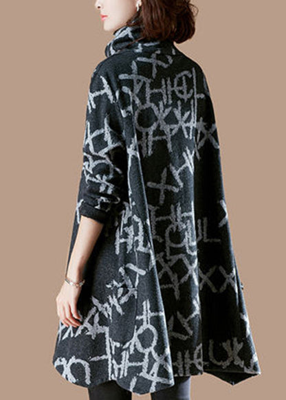 Black Turtleneck Alphabet Print Warm Fleece Thick Cotton Pullover Fall