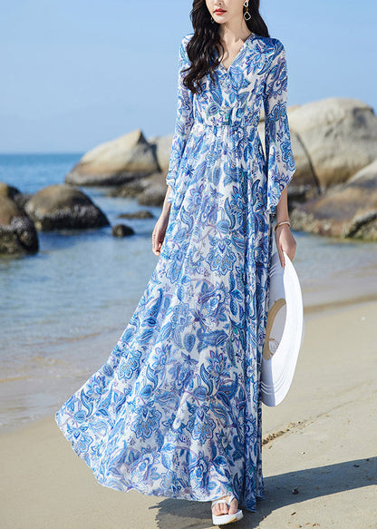 Blue V Neck Print Elastic Waist Chiffon Vacation Maxi Dresses Flare Sleeve