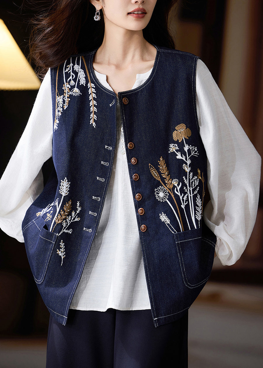 Diy Navy Oversized Embroideried Denim Vests Fall