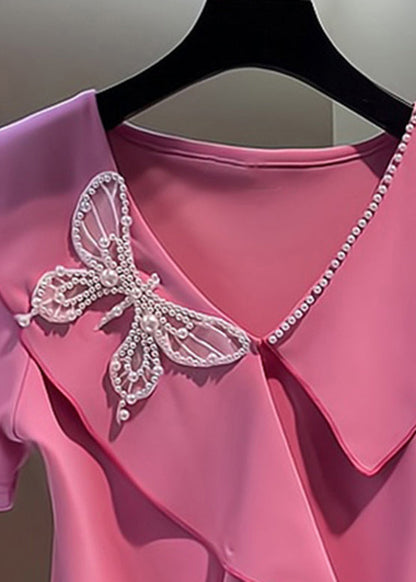 Pink V Neck Embroidered Butterfly Nail Bead Top Short Sleeve
