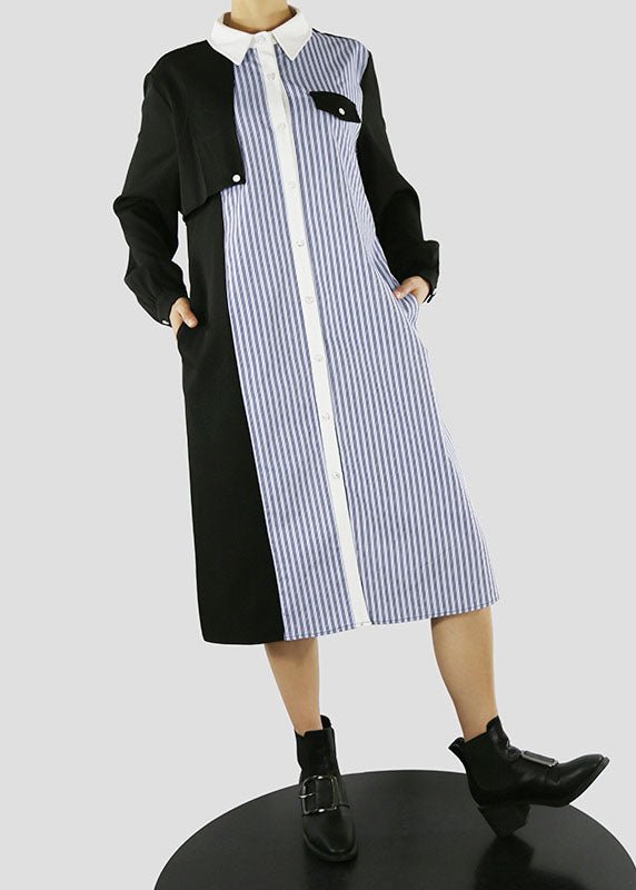 Blue Tie Waist Peter Pan Collar Striped Patchwork Shirt Dresses Spring