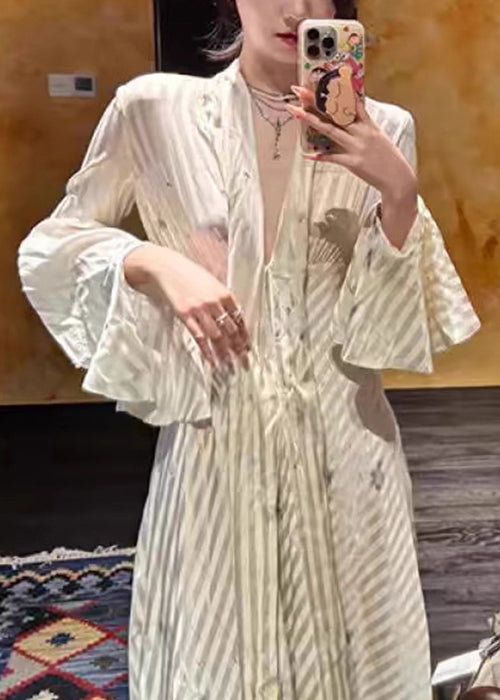 Striped Bow High Waist Long Dress Flare Sleeve