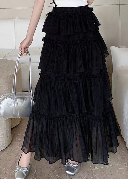 Black Ruffled Patchwork Elastic Waist Cotton Skirt Summer
