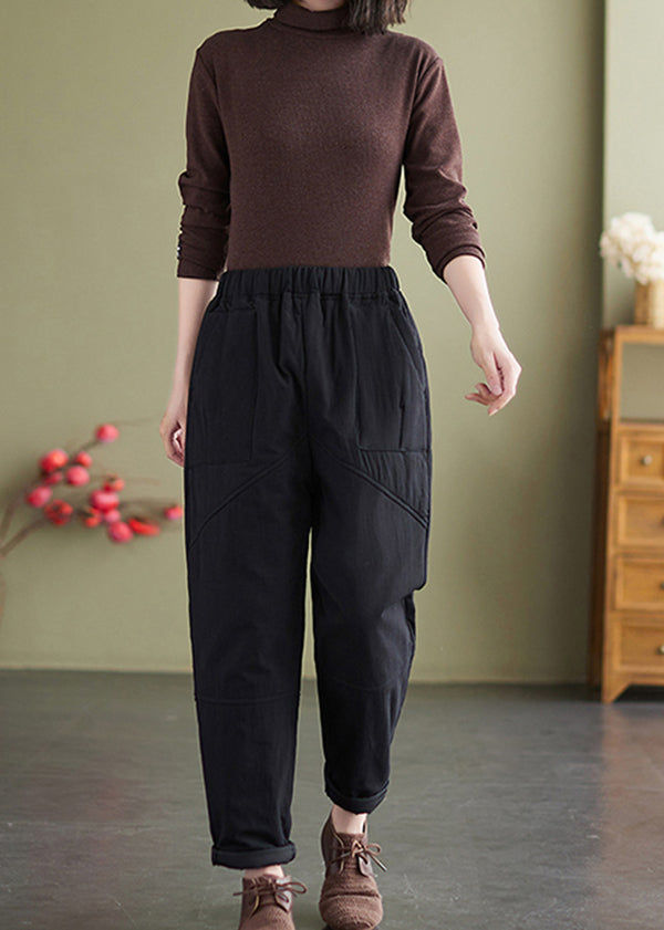 Boutique Black Elastic Waist Fine Cotton Filled Pants Winter