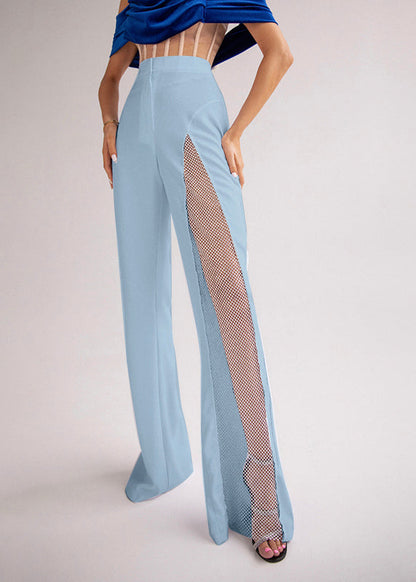 Blue Hollow Out Patchwork Tulle Bell-bottom Trousers Spring