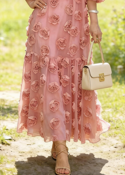 Fitted Pink Oversized Decorated Tulle Party Dresses Summer