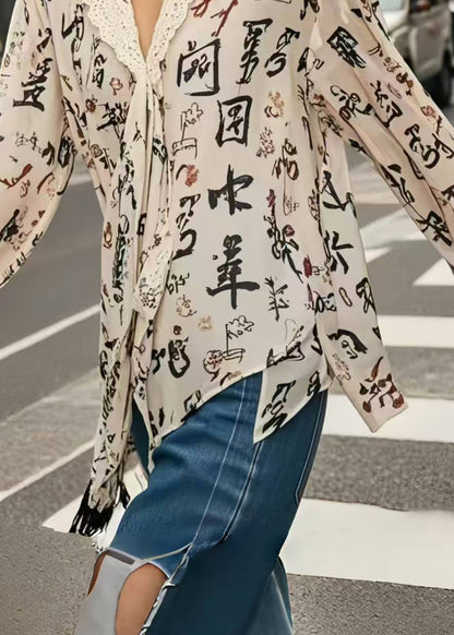 Stylish Apricot Asymmetrical Print Chiffon Top Spring