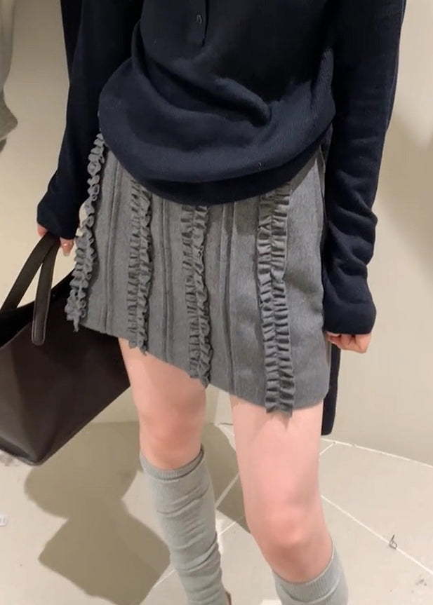 Slim Fit Grey Ruffled High Waist Woolen Skirts Fall