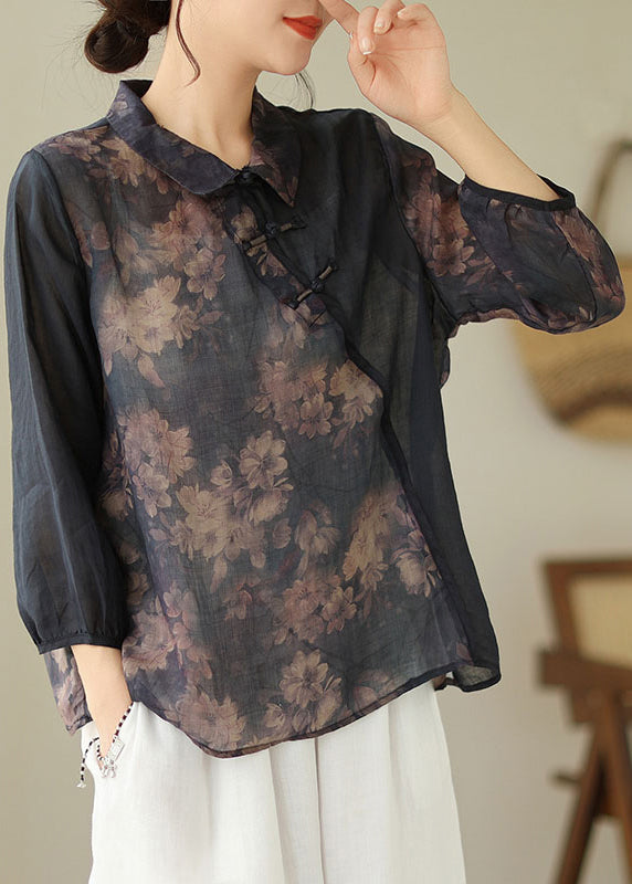 Black Button Print Patchwork Linen Top Bracelet Sleeve