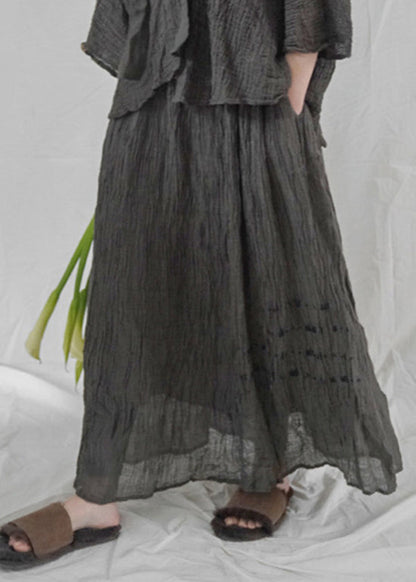 Modern Black Grey Elastic Waist Wrinkled Asymmetrical Linen Skirt Spring