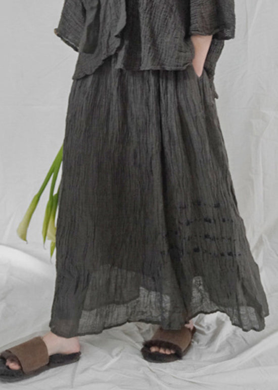 Modern Black Grey Elastic Waist Wrinkled Asymmetrical Linen Skirt Spring