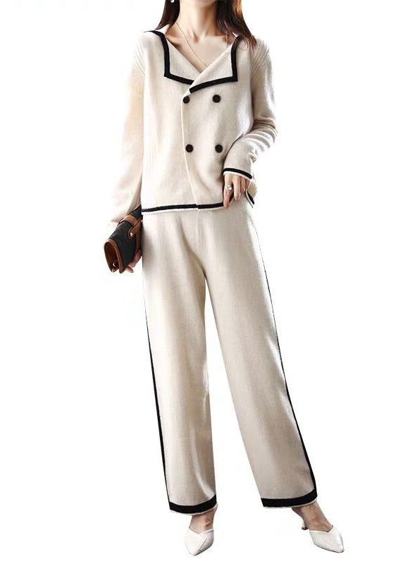 Handmade Apricot Peter Pan Collar Patchwork Button Woolen Shirts and Wide Leg Pants Two Piece Set Fall