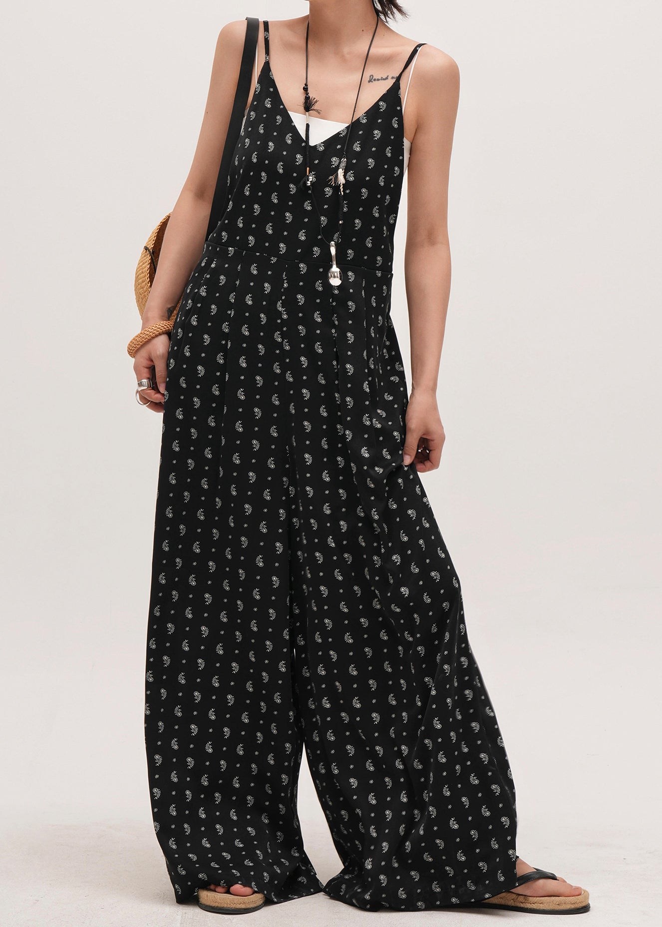 Black Oversized Print Cotton Overalls Jumpsuit Summer