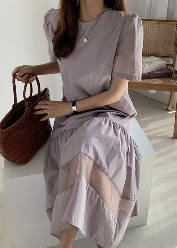 Classy Champagne O-neck Wrinkled Tulle Patchwork Maxi Dress Short Sleeve