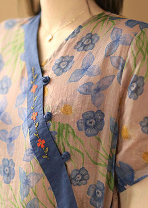 Asymmetrical Design Embroideried Print Linen Long Dress Short Sleeve