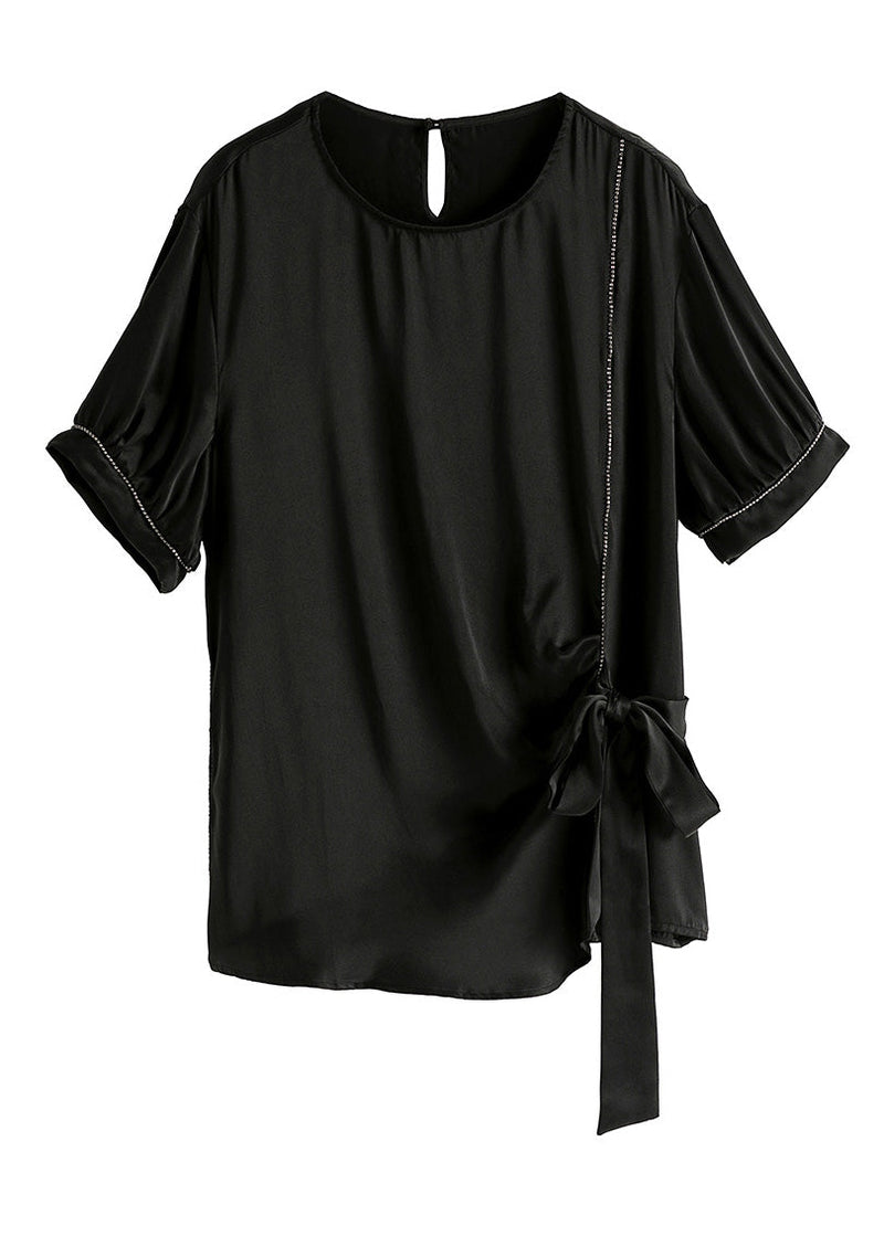 Black O-neck Drawstring Tie Waist Silk T Shirt Summer