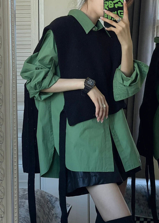 Black Shawl Knit Green Shirts Two Pieces Set Long Sleeve