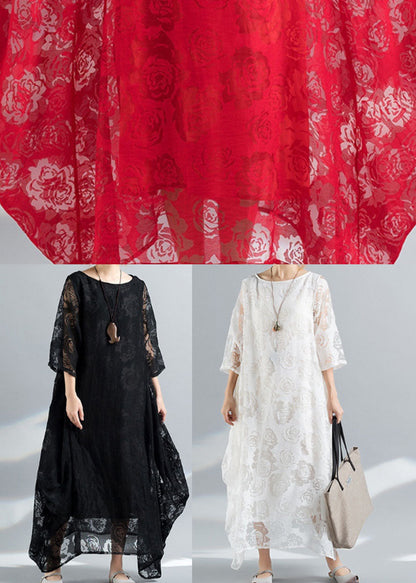 Black O-neck Embroideried Lace Long Dress Bracelet Sleeve