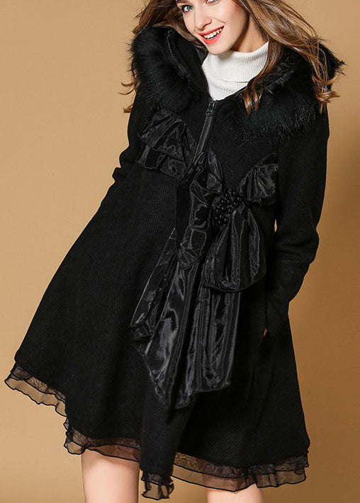 Handmade Black Hooded Fur Collar Nail Bead Organza Fall Woolen Coat
