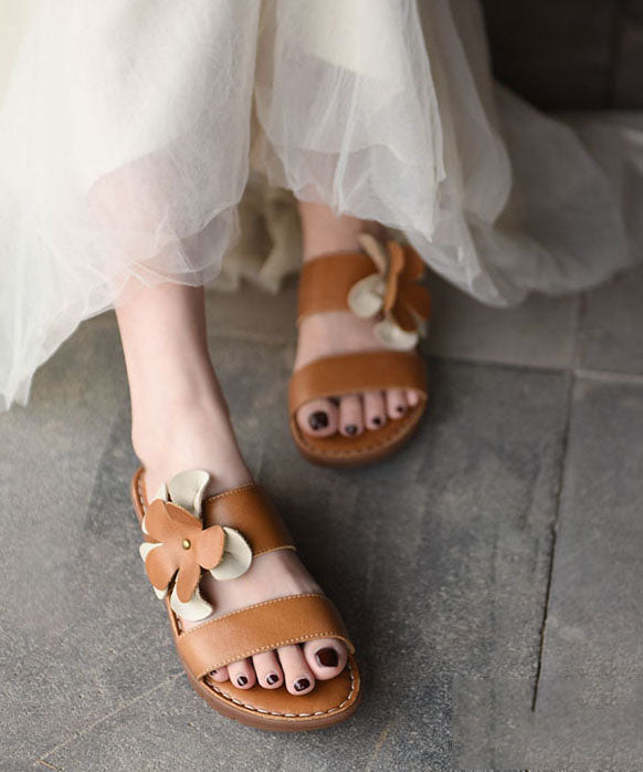 Splicing Platform Beige Comfortable Cowhide Leather Slide Sandals