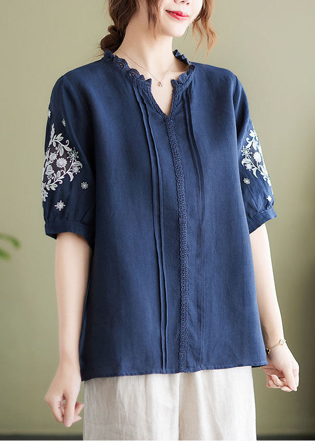 Navy Embroideried Patchwork Wrinkled Linen Shirts Summer