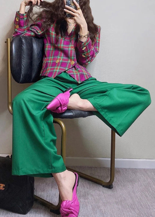 New Plaid Tops and Green Pockets Pants Cotton Two Piece Set Fall