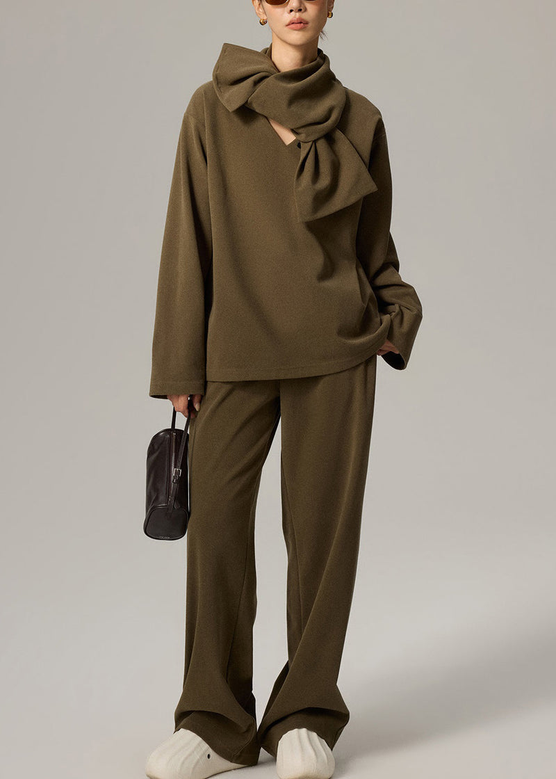 Green V Neck Elastic Waist Cotton Three Pieces Set Fall