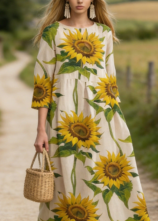 Sunflower Print Cotton Long Dress Summer