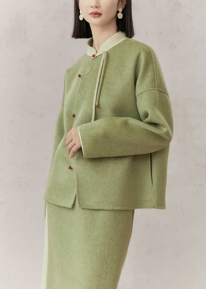 Green Stand Collar Tasseled Patchwork Woolen Two Pieces Set Fall