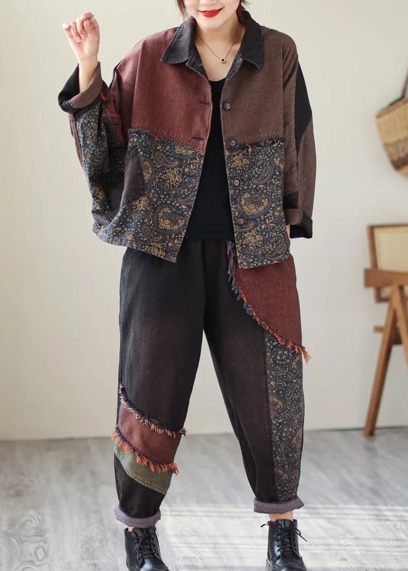 Black Print Patchwork Coats and Pants Denim Two Piece Suit Set Fall