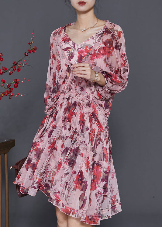 Brick Red Print Chiffon Vacation Dress Lantern Sleeve