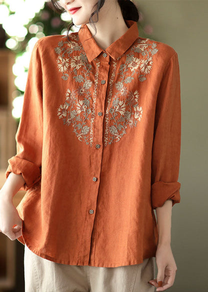 Orange Button Peter Pan Collar Embroideried Linen Blouses Spring