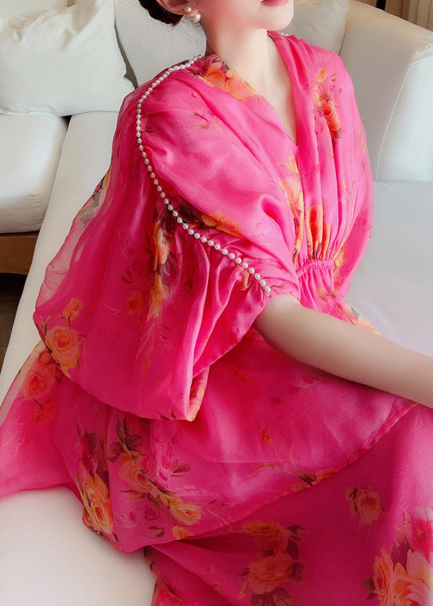 Art Rose V Neck Print Silk Top and Skirts Two Pieces Set Summer