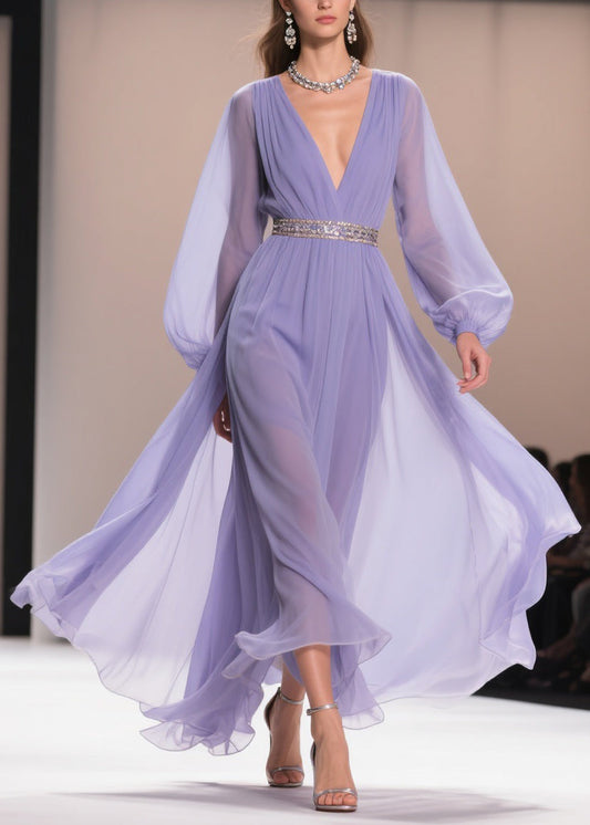 Purple V Neck Wrinkled Chiffon Exra Large Hem Dresses Spring